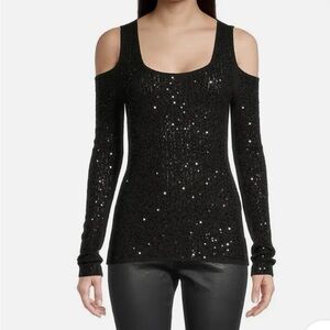 Donna Karan Black Sequin Cold-Shoulder Knit Top